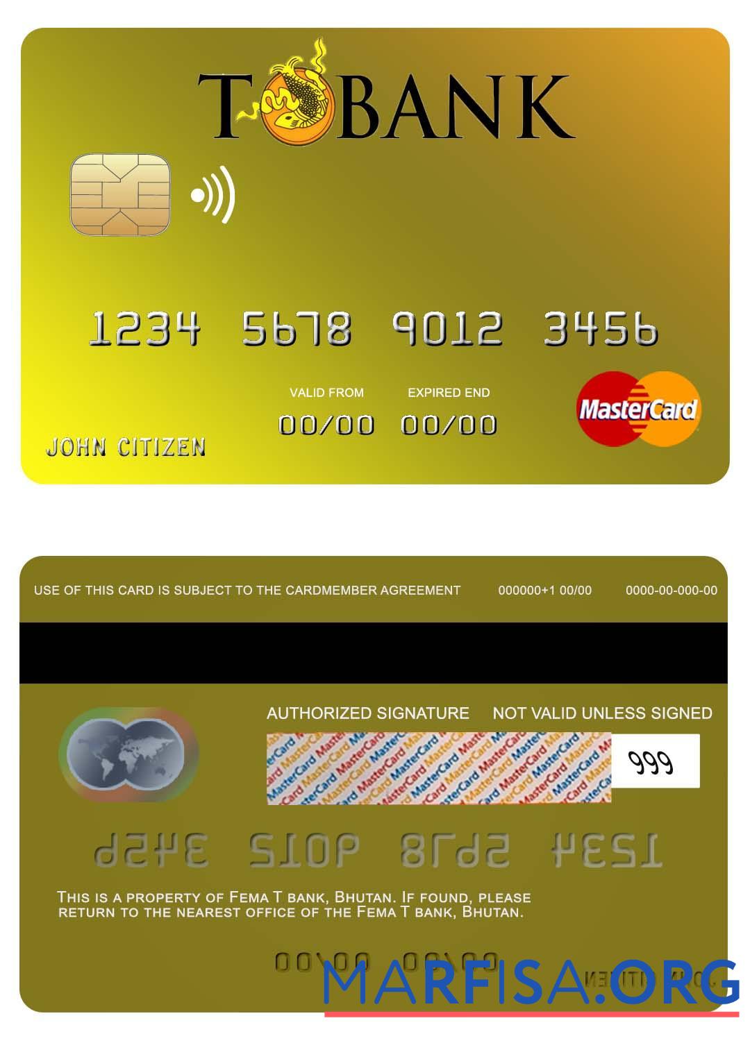 Blank Bhutan T bank mastercard sample